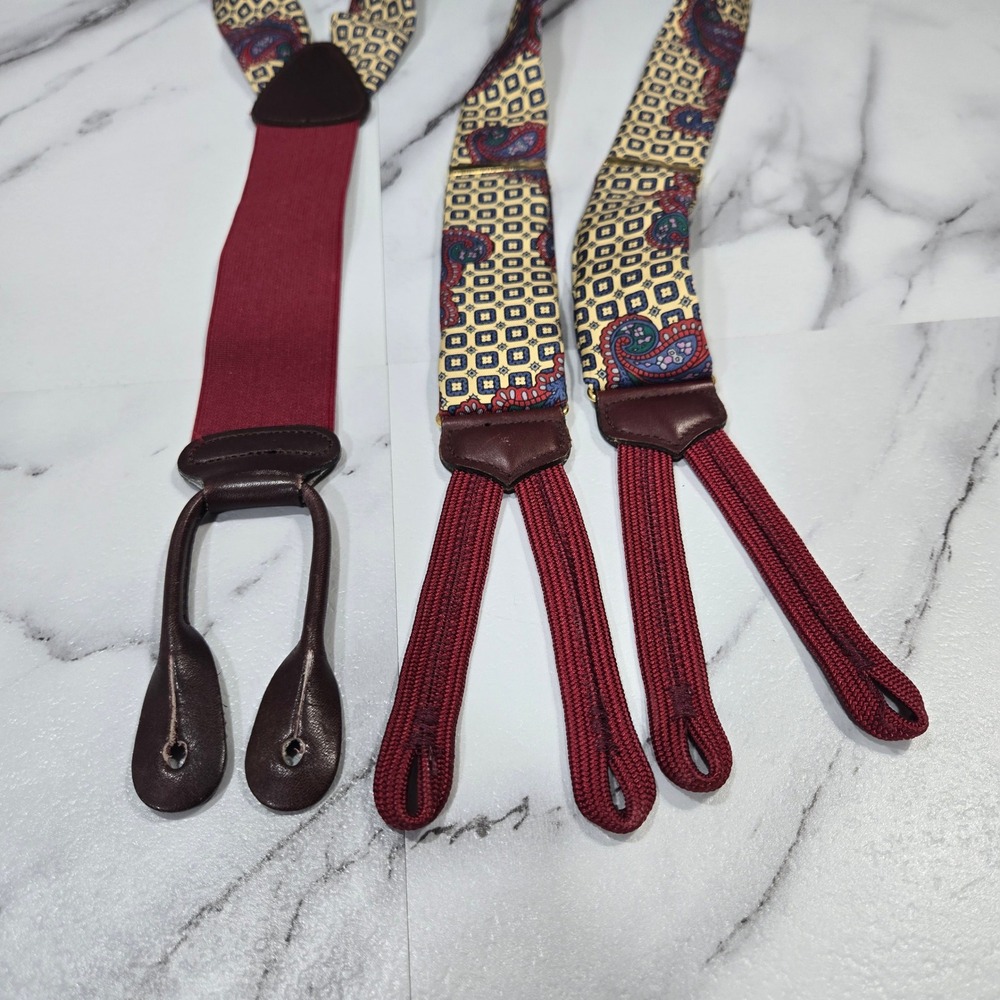 Trafalgar Suspenders Mens One Size Burgundy Paisley Geometric Silk Braces Vtg